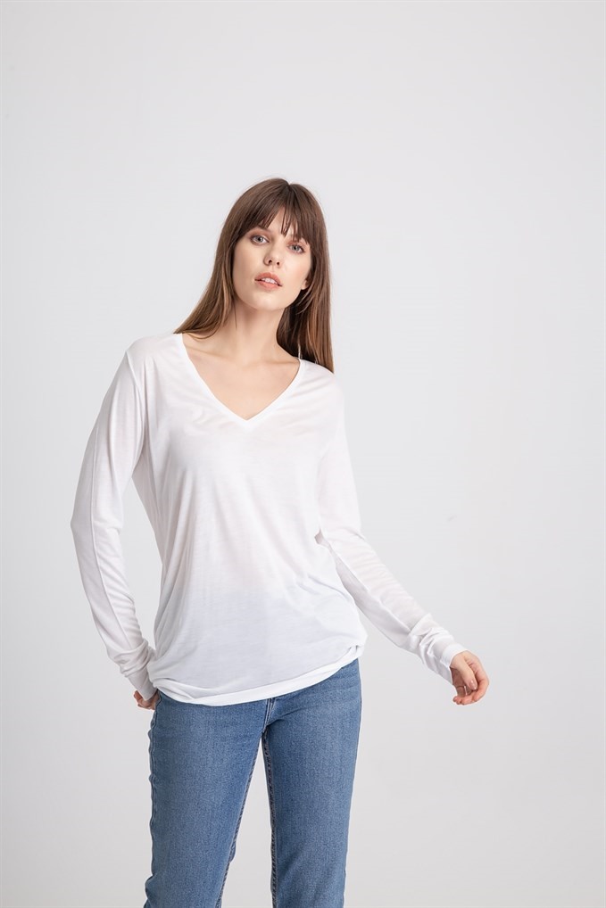 V Yaka Uzun Kol Basic T-Shirt Beyaz