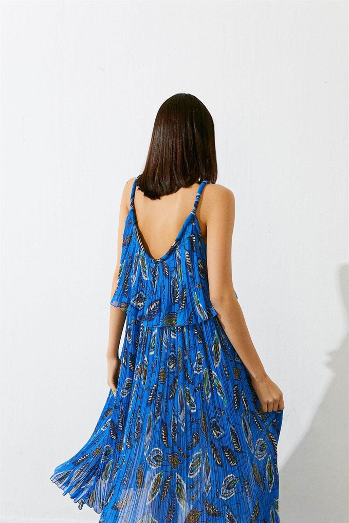 Mavi Desenli Kalın İp Askılı Midi Elbise
