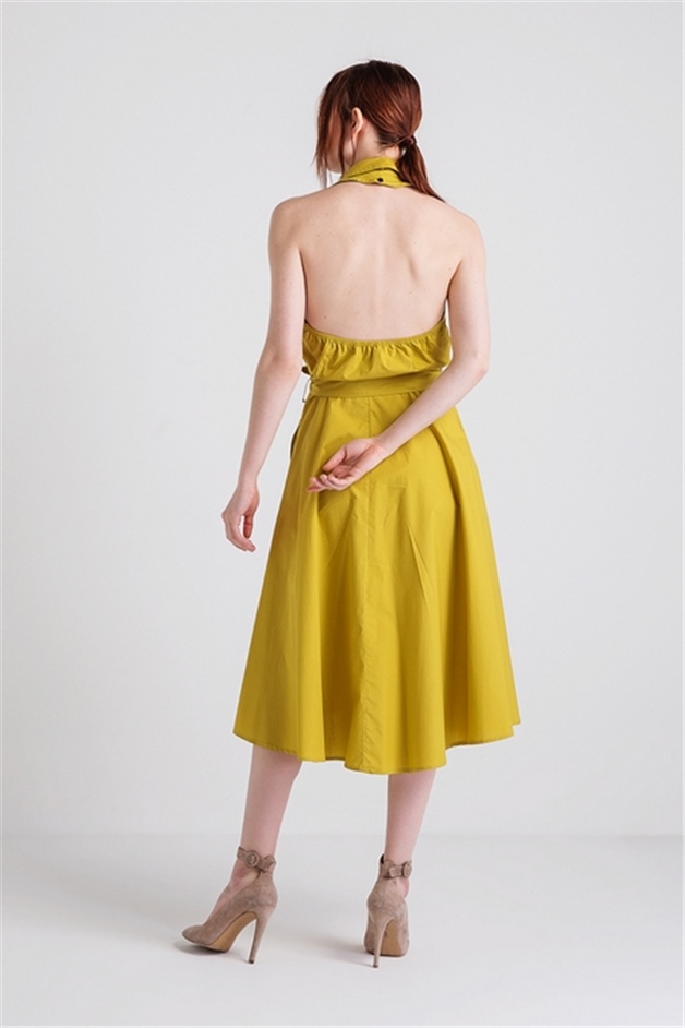 Bağlama Detaylı Sırt Dekolteli Yakalı Elbise Mustard