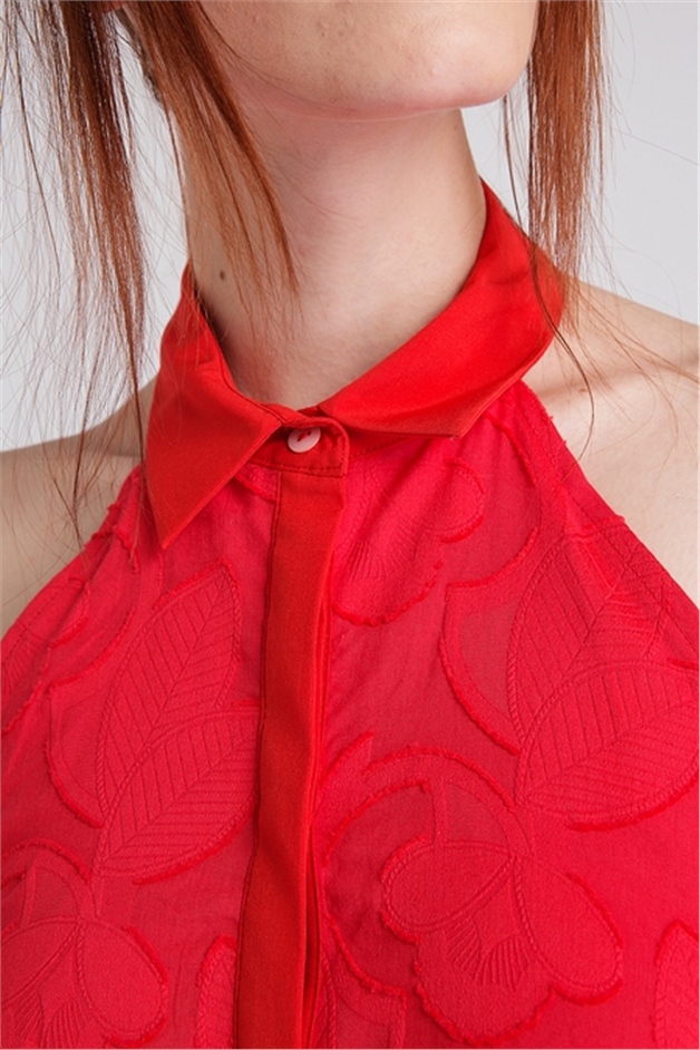 Desenli Gömlek Yaka Elbise Red