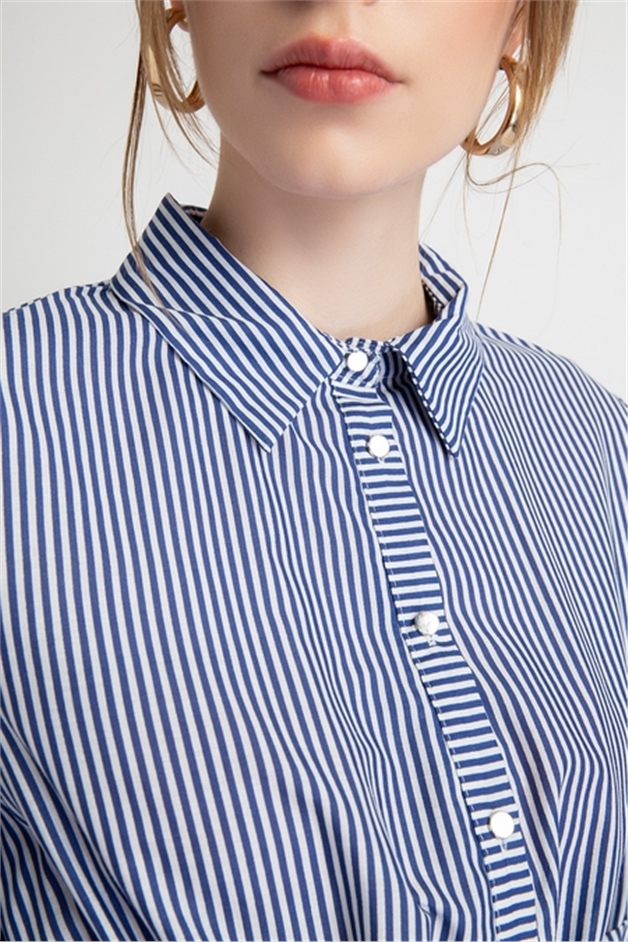 Fracomına Fr19Sp353 Eteği İşlemeli Uzun Kollu Gömlek Elbise Bluewhıte