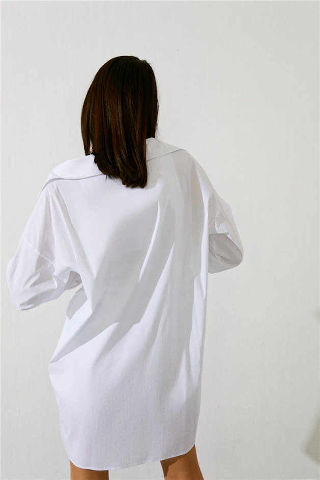 İçi Büstiyerli Uzun Kollu Beyaz Mini Gömlek Elbise