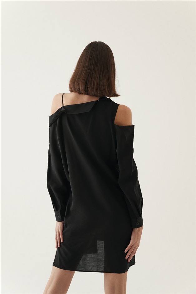 Siyah Asimetrik Omuzlu Gömlek Elbise