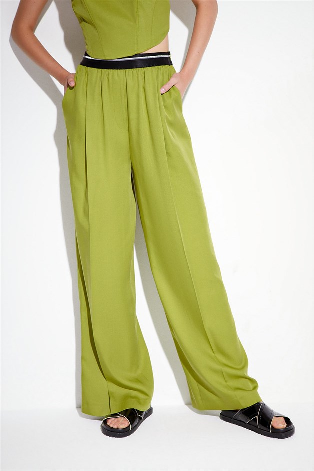 Yeşil Dökümlü Yüksek Bel Pantolon