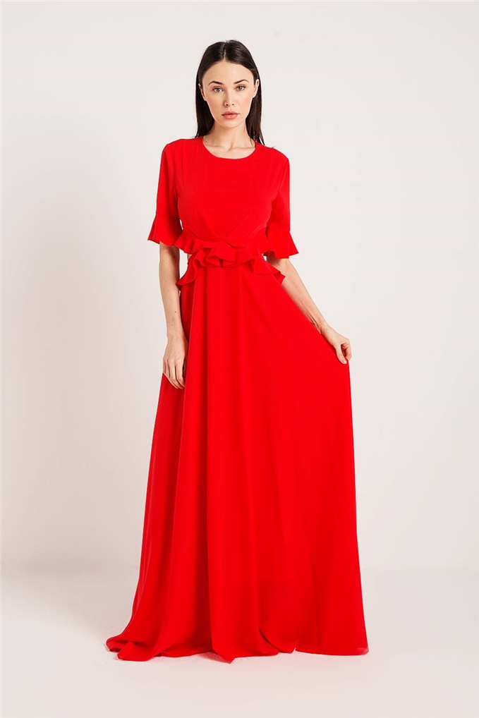 Volanlı Uzun Elbise Kırmızı